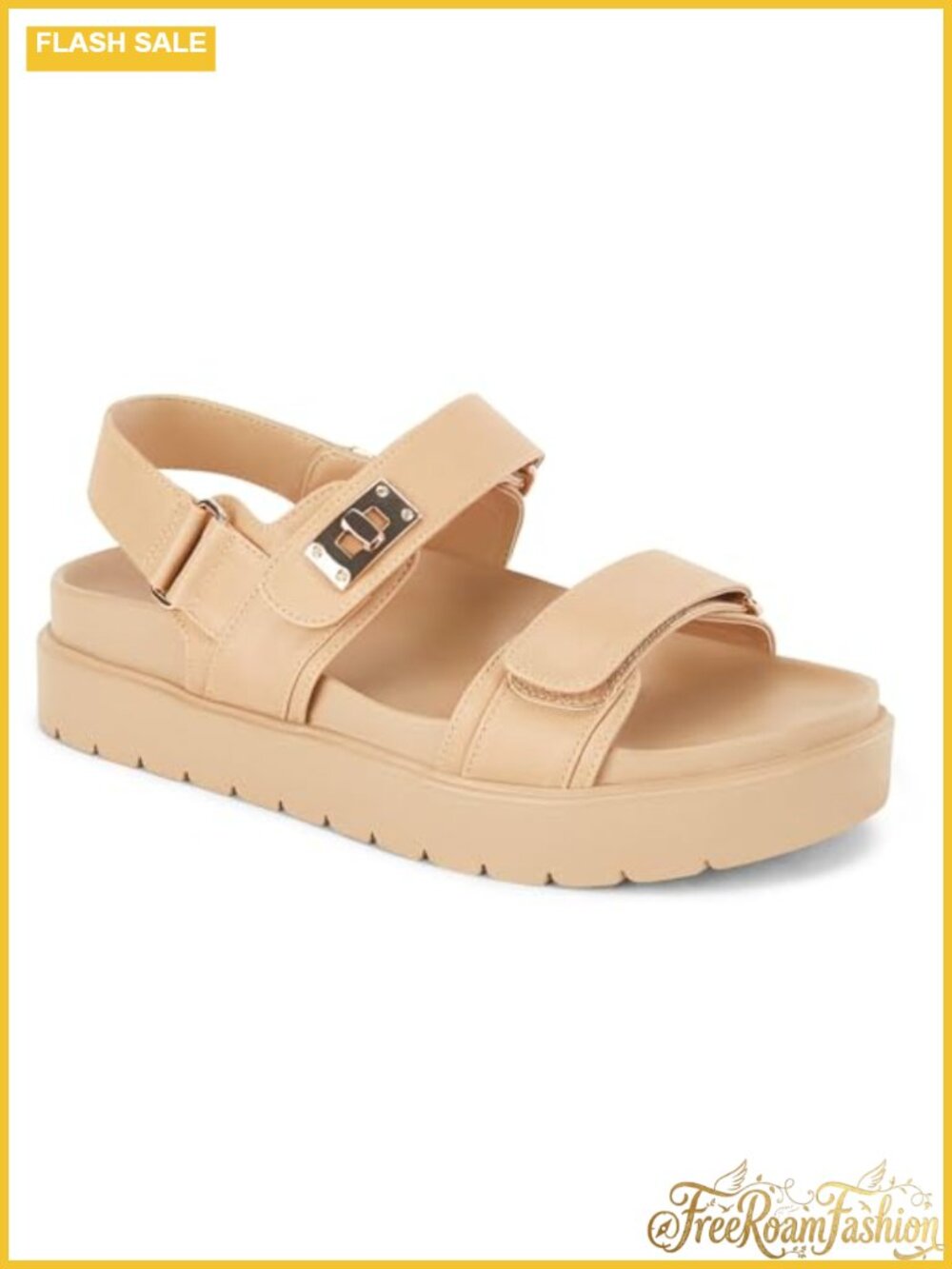 Coutgo Womens Platform Sandals Faux Leather Comfort Flat Double Strap Summer